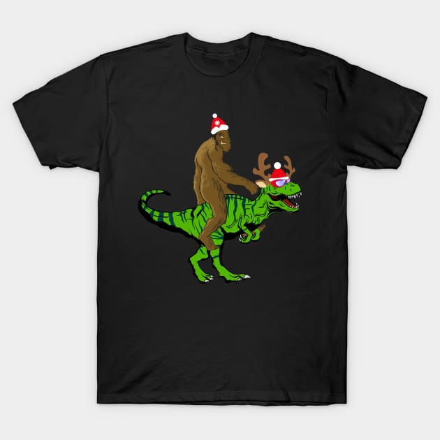 Bigfoot Riding a T Rex Going for Christmas Party T-Shirt by LemoBoy